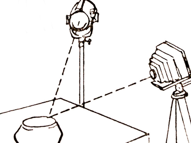 Detail of the studio drawing: a lamp on a stand and a bellows camera, dashed sightlines meeting at a vessel on a table