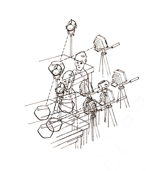 Line drawing of an archive photography studio: lamps and large-format cameras on tripods aimed at clay vessels on tables, two figures watching